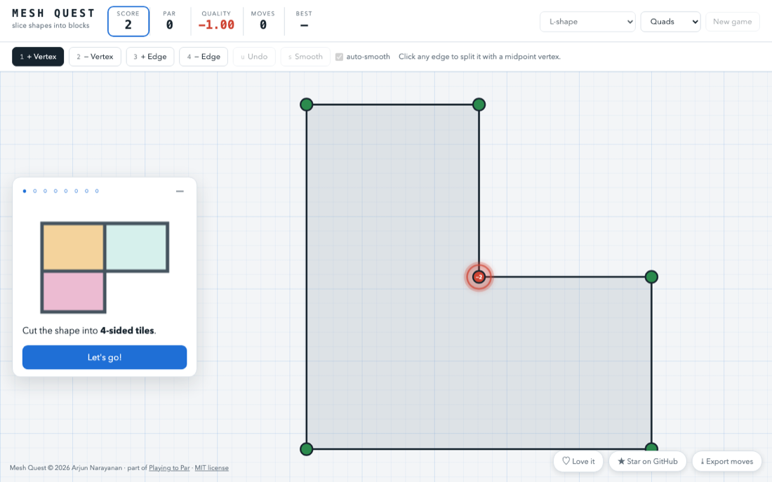 Mesh Quest, the block decomposition puzzle game